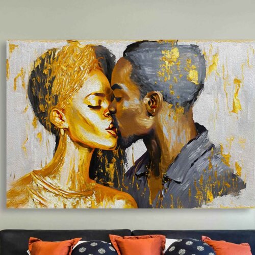 Romantic Black Couple Canvas Wall Art – Modern Gold Drip Painting of Intimate Love and Connection