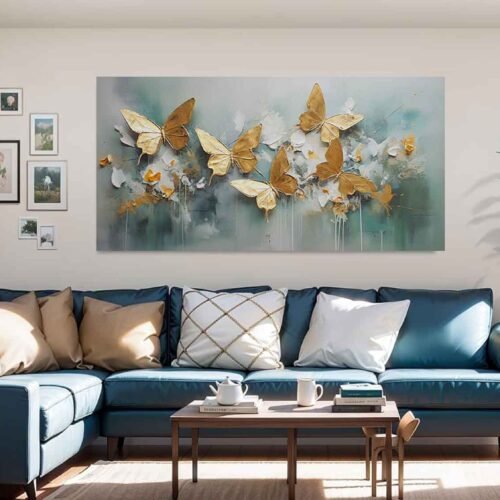 Golden Butterfly Bloom Canvas Wall Art – Elegant 3D Textured Floral Artwork on Large Canvas Print