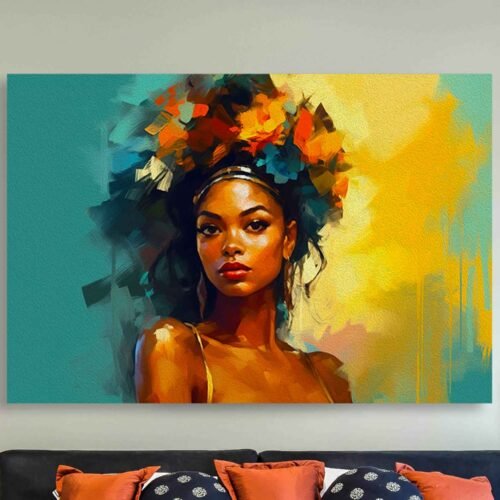 Radiant Afro Beauty Canvas Wall Art – Colourful Portrait of a Black Woman with Floral Crown