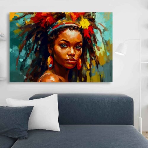 Bold Afrocentric Beauty Canvas Wall Art – Colourful Abstract Portrait of Black Woman with Natural Hair and Floral Accents