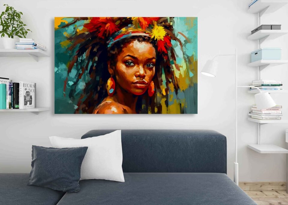 Bold Afrocentric Beauty Canvas Wall Art – Colourful Abstract Portrait of Black Woman with Natural Hair and Floral Accents