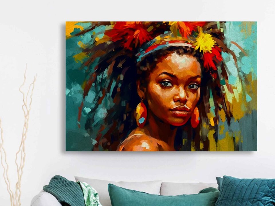 Bold Afrocentric Beauty Canvas Wall Art – Colourful Abstract Portrait of Black Woman with Natural Hair and Floral Accents