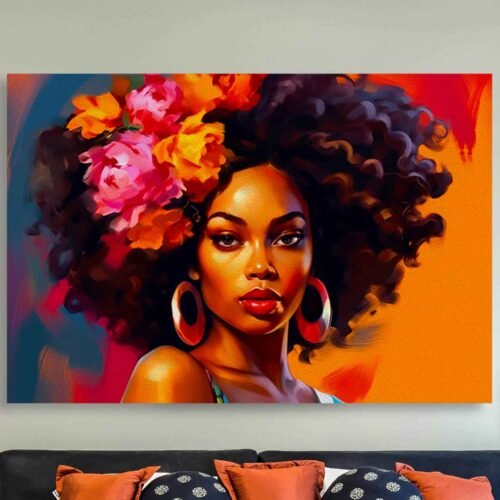 Floral Afro Wall Art – Vibrant Afrocentric Portrait with Floral Accents