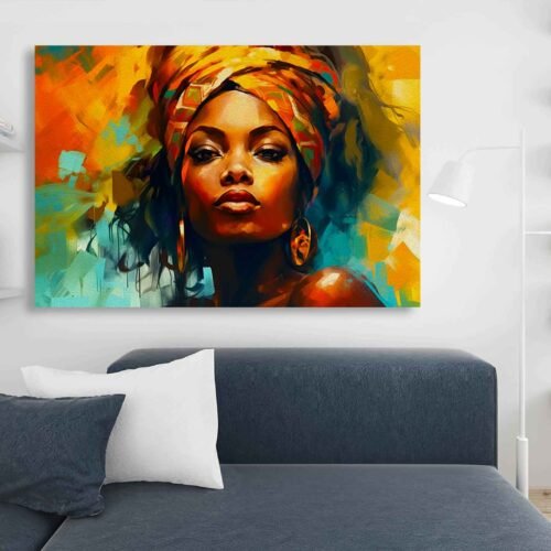 Bold African Woman Wall Art – Colourful Afrocentric Canvas Print with Head Wrap and Earrings