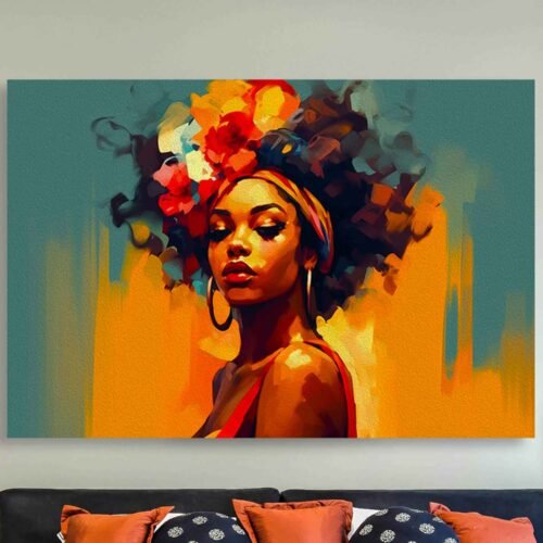 Afrocentric Woman with Flowers Canvas Art - Vibrant African Portrait Art Print