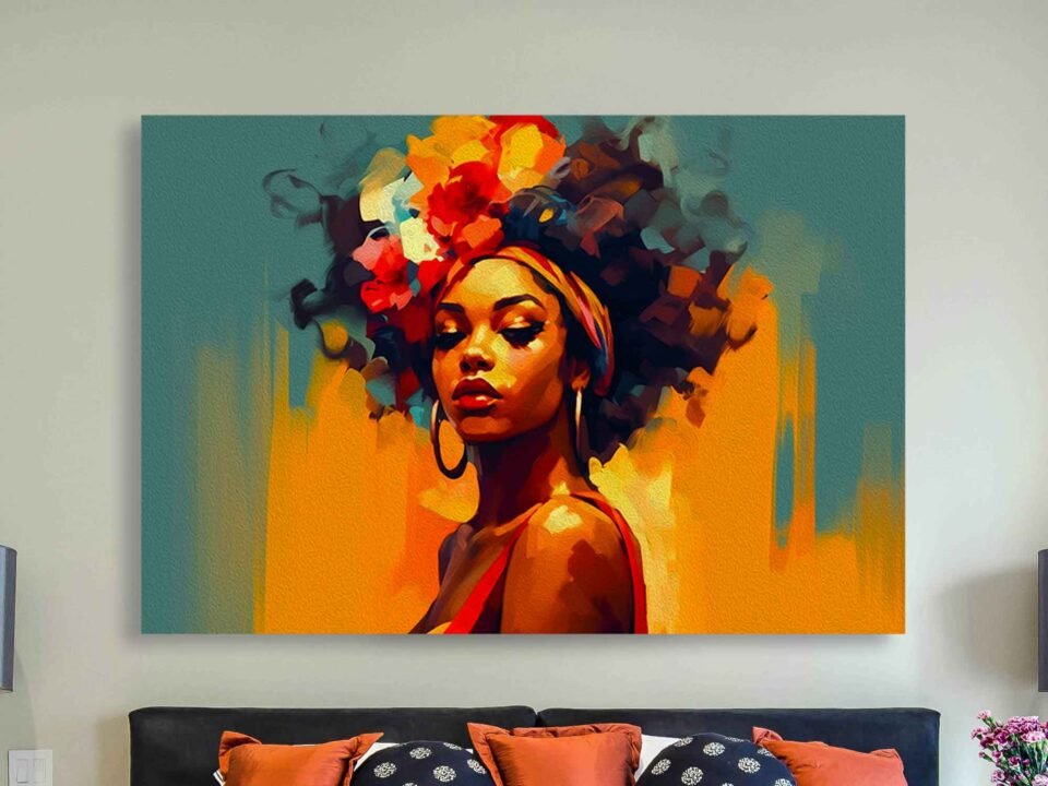 Afrocentric Woman with Flowers Canvas Art - Vibrant African Portrait Art Print