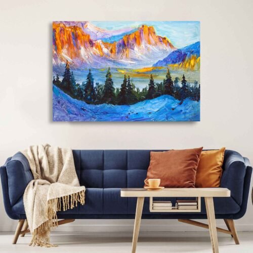 Vibrant Mountain Landscape Wall Art – Colourful Winter Forest Artwork on Canvas Print for Rustic Nature-Inspired Home Decor. Framed Art Prints.