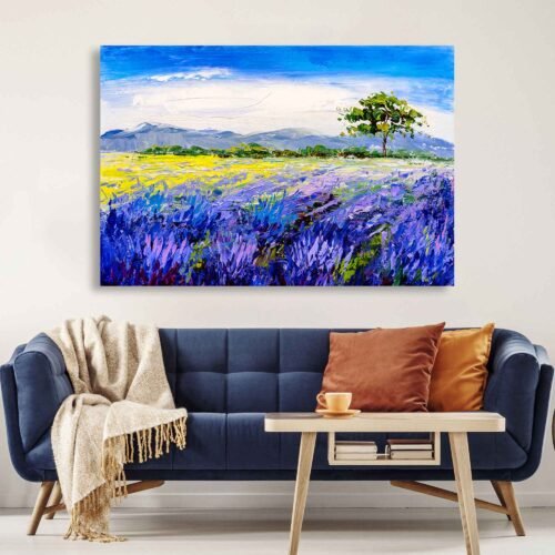 Lavender Field Landscape Canvas Wall Art – Colourful Impressionist Countryside Print – Nature Scenery Artwork for Modern Home Decor
