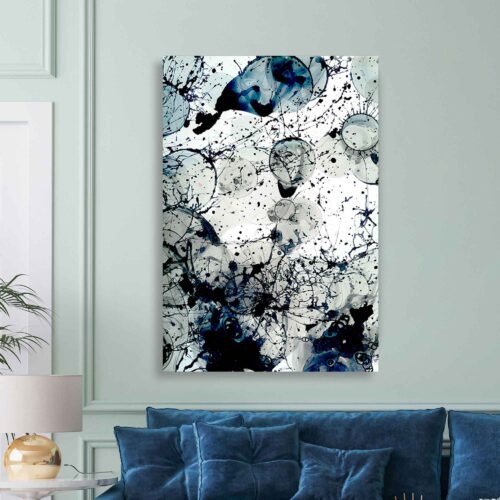 Ink Splatter Abstract Canvas Wall Art – Modern Monochrome Blue and Black Paint Drip Design for Contemporary Decor