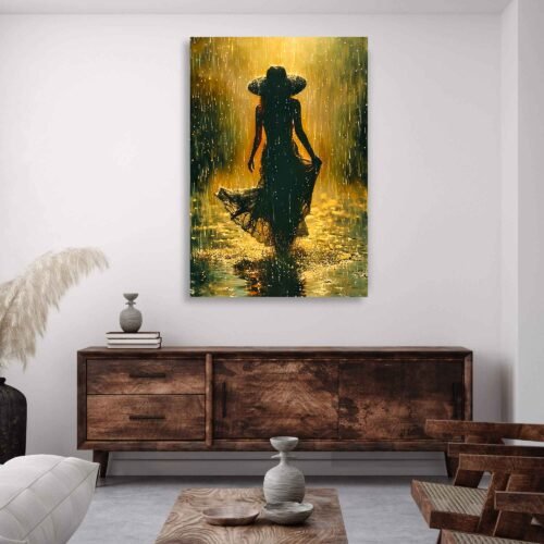 Elegant Woman in Rain Canvas Wall Art – Romantic Silhouette Modern Print Capture the beauty of mystery and movement with this Elegant Woman in Rain canvas wall art. A romantic silhouette glows in golden rainfall—perfect for adding emotion and elegance to any space.