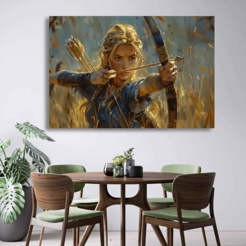 Fearless Archer Woman in Nature - Warrior-Inspired Canvas Wall Art Print Capture the spirit of strength and precision with this stunning canvas wall art featuring a fearless archer woman surrounded by nature. A bold and empowering addition to any room or gallery wall.