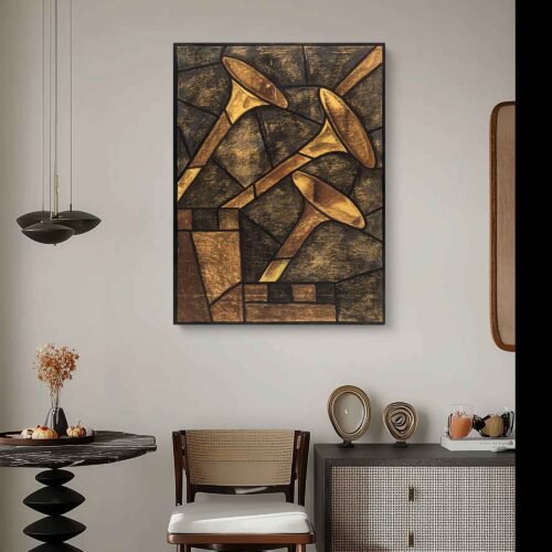Golden Jazz Horns – Abstract Music-Inspired Canvas Wall Art Prints in Rustic Tones