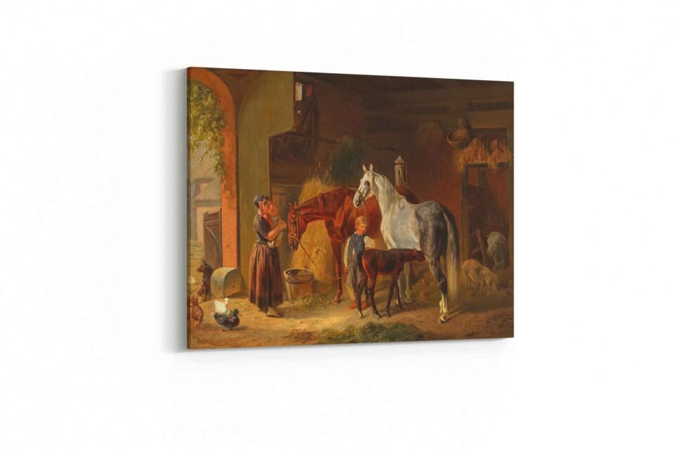 Horses in Stable by Emil Volkers - Moody Rustic Oil Painting Reproduction on Canvas Prints