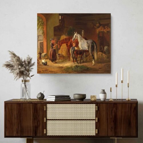 Horses in Stable by Emil Volkers - Moody Rustic Oil Painting Reproduction on Canvas Prints