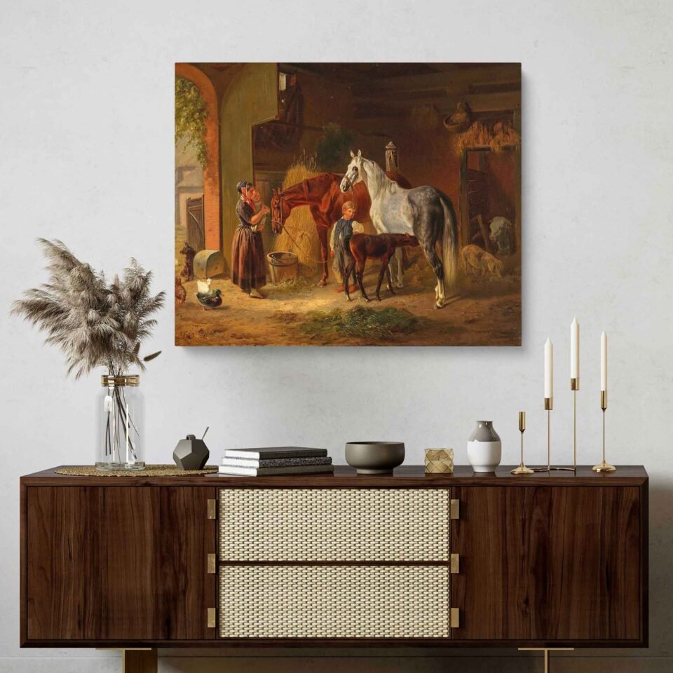 Horses in Stable by Emil Volkers - Moody Rustic Oil Painting Reproduction on Canvas Prints