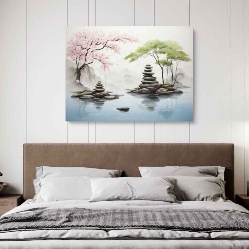Zen Landscape with Cherry Blossoms and Stacked Stones Canvas Art Print