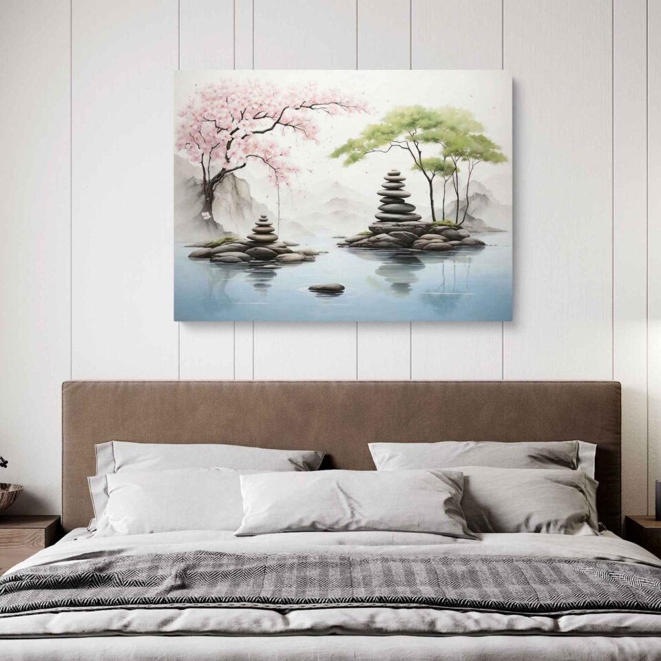 Zen Landscape with Cherry Blossoms and Stacked Stones Canvas Art Print