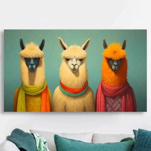 Trendy Llamas in Colourful Scarves – Quirky Animal Portrait Canvas Wall Art Print for Modern Home Decor