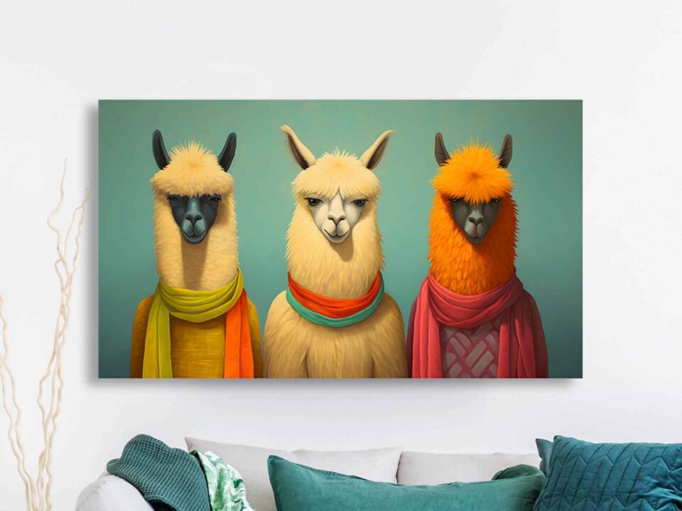 Trendy Llamas in Colourful Scarves – Quirky Animal Portrait Canvas Wall Art Print for Modern Home Decor