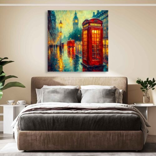 London Red Telephone Booth at Night – Rainy City Street Canvas Wall Art Print