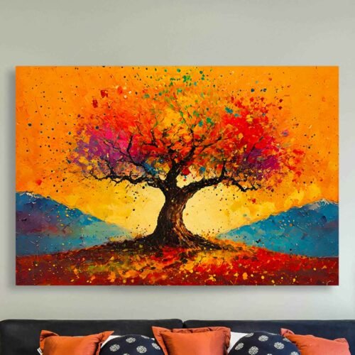 Vibrant Abstract Tree of Life Canvas Wall Art – Autumn Landscape Artwork for Living Room or Office Decor