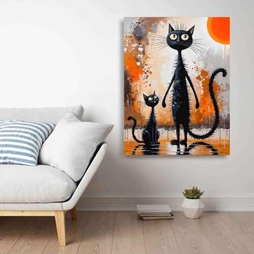Whimsical Black Cats Abstract Art Canvas Print - Modern Feline Wall Decor