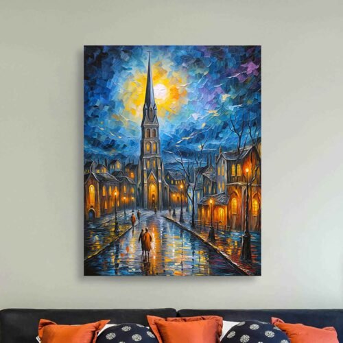 Church at Night Canvas Wall Art - Rainy Urban Night Impressionist Cityscape Print