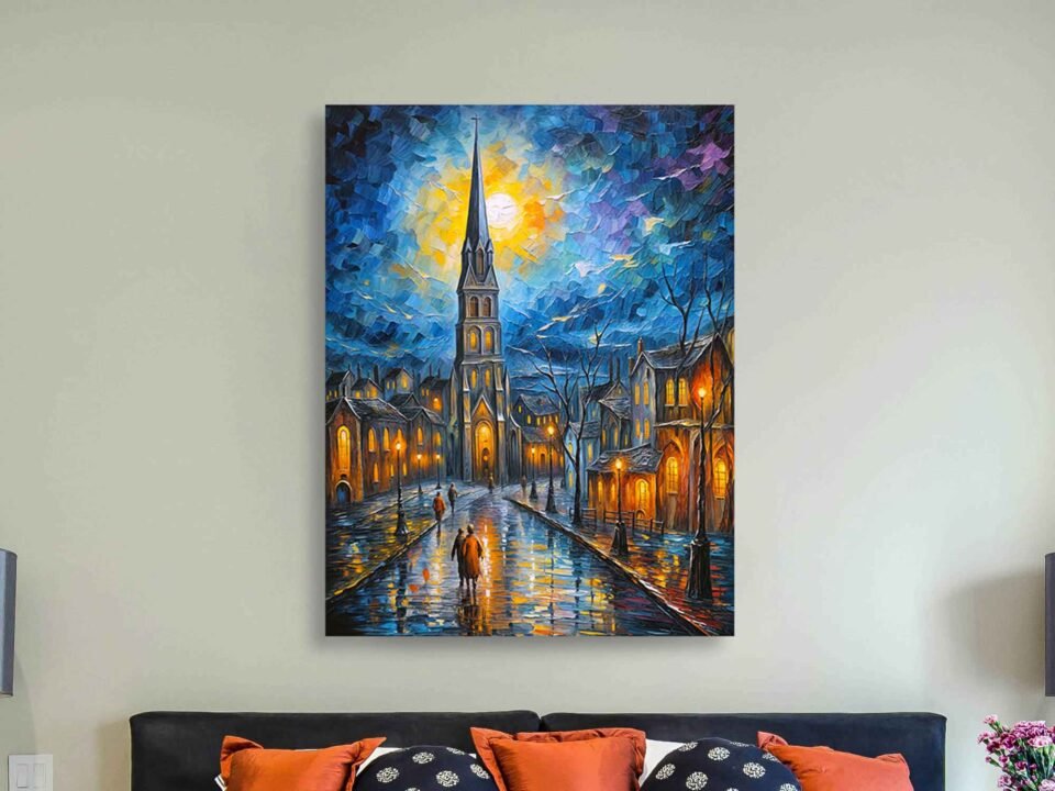 Church at Night Canvas Wall Art - Rainy Urban Night Impressionist Cityscape Print