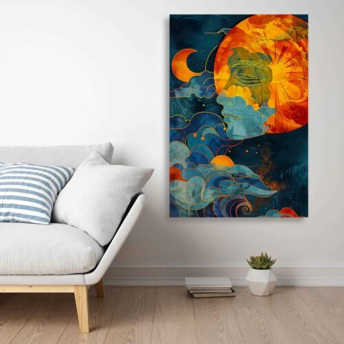 Spiritual Moon and Sun Abstract Canvas Wall Art - Abstract Celestial Canvas Art 