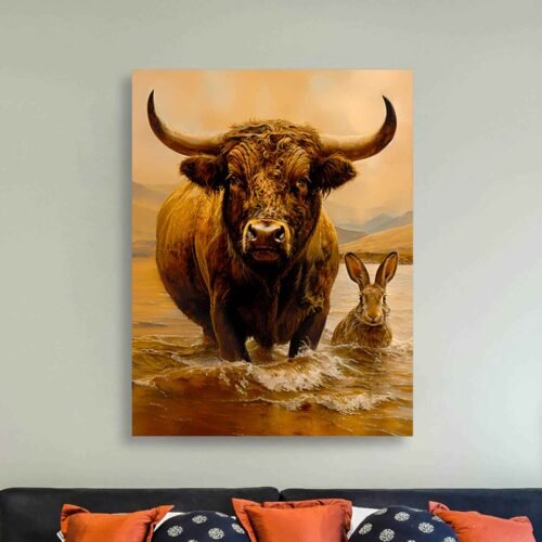 Highland Cow and Hare Print - Serene Countryside Wall Art