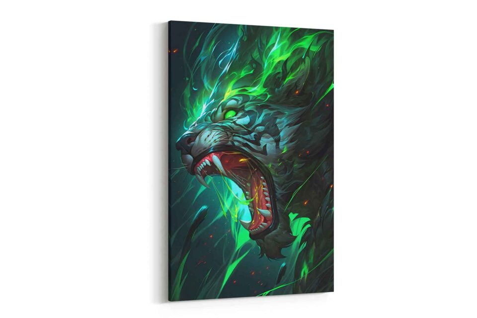 Glowing Green Tiger Canvas Print - Fierce Abstract Animal Wall Art