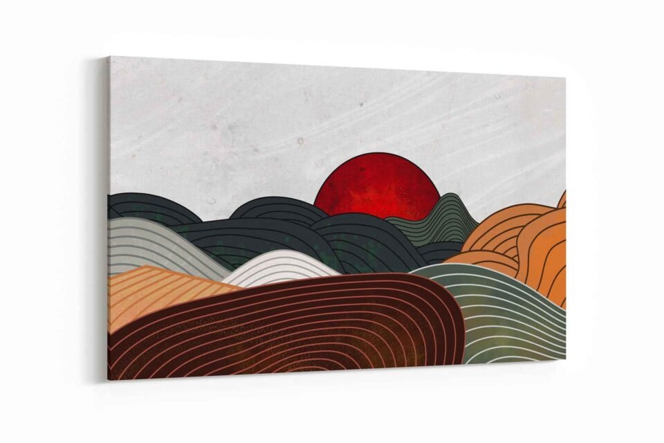 Red Sun & Layered Mountains Canvas Art Print - Contemporary Zen Horizon Art