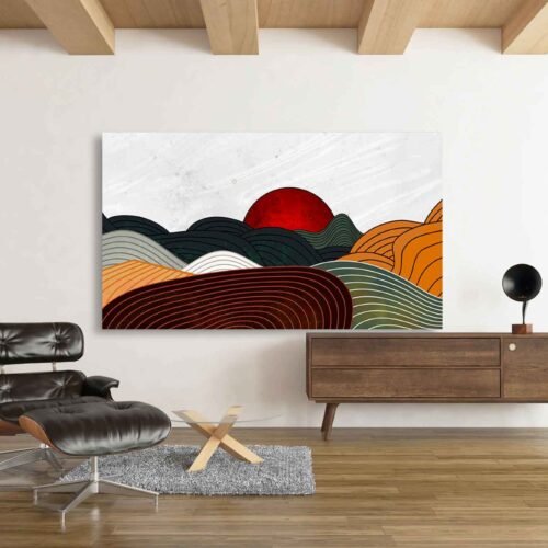 Red Sun & Layered Mountains Canvas Art Print - Contemporary Zen Horizon Art