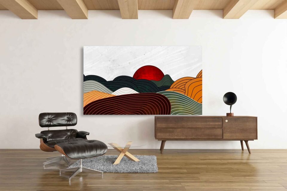 Red Sun & Layered Mountains Canvas Art Print - Contemporary Zen Horizon Art