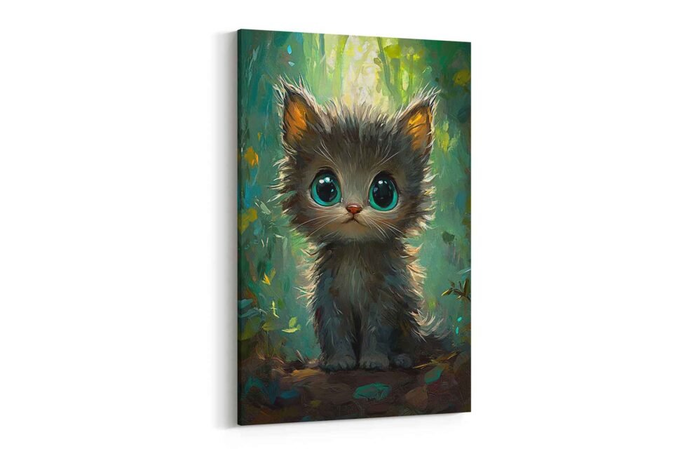 Fluffy Kitty Canvas Art - Modern Green Woodland Animal Print