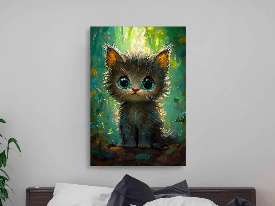 Fluffy Kitty Canvas Art - Modern Green Woodland Animal Print
