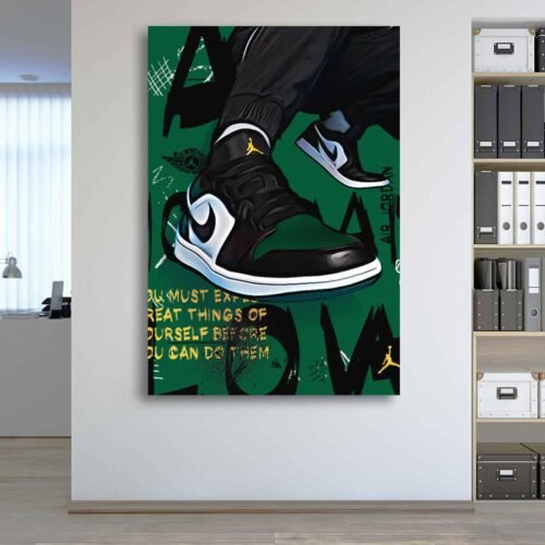 Air Jordan Sneakers Canvas Wall Art | 'Expect Great Things' Motivational Quote | Green & Black Hypebeast Street Art Decor