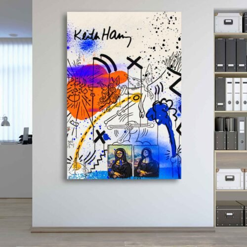 Mona Lisa Pop Art Canvas | Keith Haring Graffiti Style Print | Modern Street Art Wall Decor