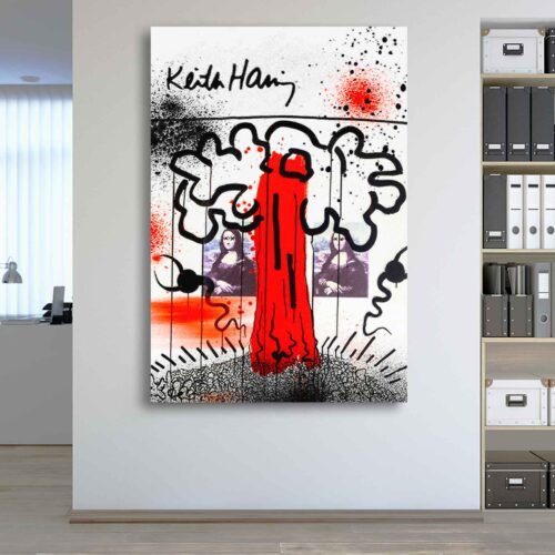 Deconstructed Mona Keith Haring Canvas Art | Abstract Street Art Red & Black Statement Piece