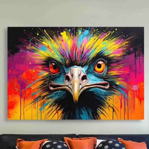 Splatter Paint Ostrich Art - Modern Expressive Animal Wall Decor on Framed Canvas Prints