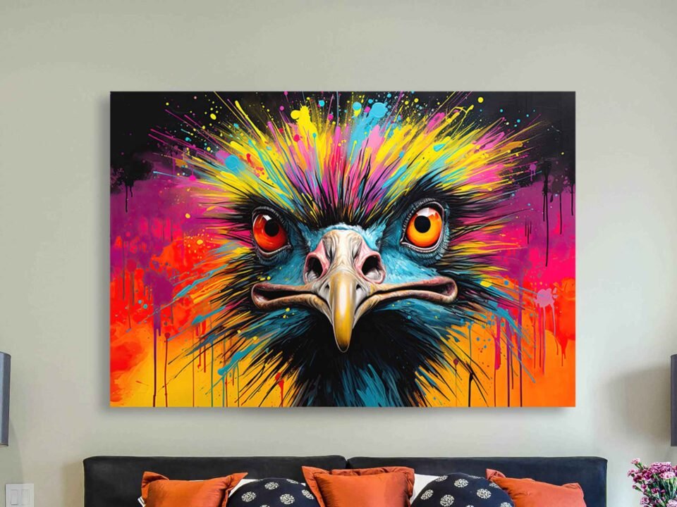 Splatter Paint Ostrich Art - Modern Expressive Animal Wall Decor on Framed Canvas Prints
