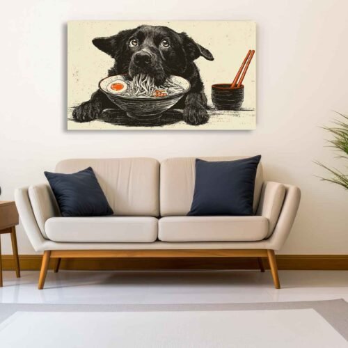 Cute Dog Eating Ramen Canvas Print - Funny Pet Food Wall Art