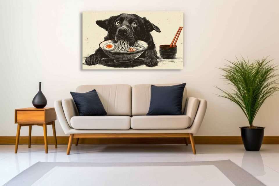 Cute Dog Eating Ramen Canvas Print - Funny Pet Food Wall Art