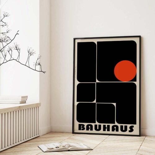 Classic Bauhaus Poster Prints | Minimalist Geometric Wall Art | Black & Red Abstract Shapes | Modernist Decor for Home or Office