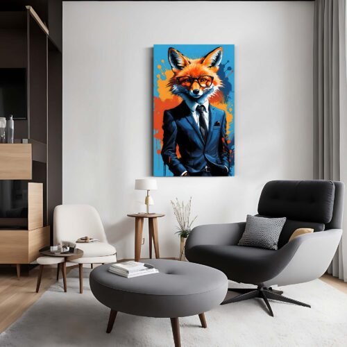 The Gentleman Fox - Canvas Prints Quirky Animal Portrait | Modern Wall Decor for Home & Office | Funny Fox in Suit Canvas Wall Art