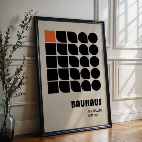 Abstract Grid Bauhaus 1923 Poster Print | Minimalist Geometric Shapes Wall Art | Black & Orange Abstract Art for Modern Home Decor
