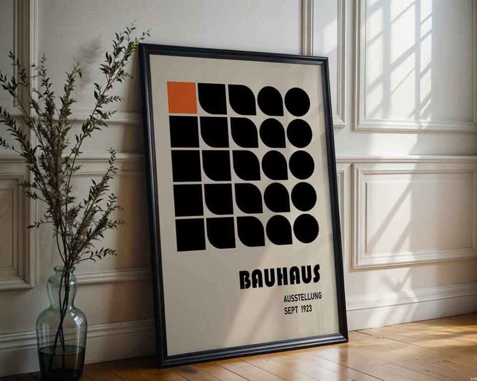Abstract Grid Bauhaus 1923 Poster Print | Minimalist Geometric Shapes Wall Art | Black & Orange Abstract Art for Modern Home Decor