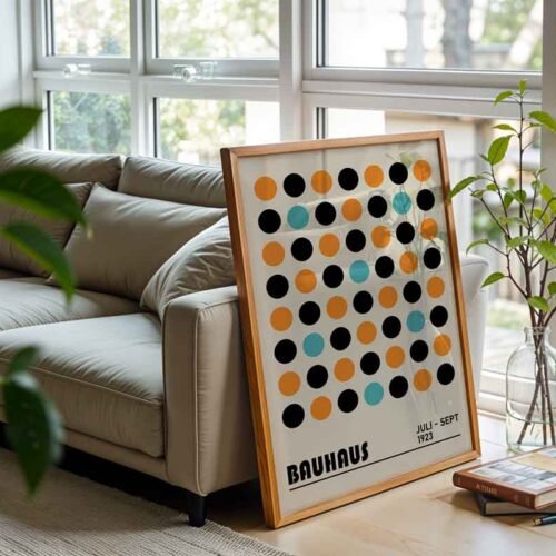 Dot Grid Bauhaus Exhibition 1923 Poster Print | Minimalist Geometric Dot Pattern | Retro Orange & Teal Wall Art for Modern Home Decor