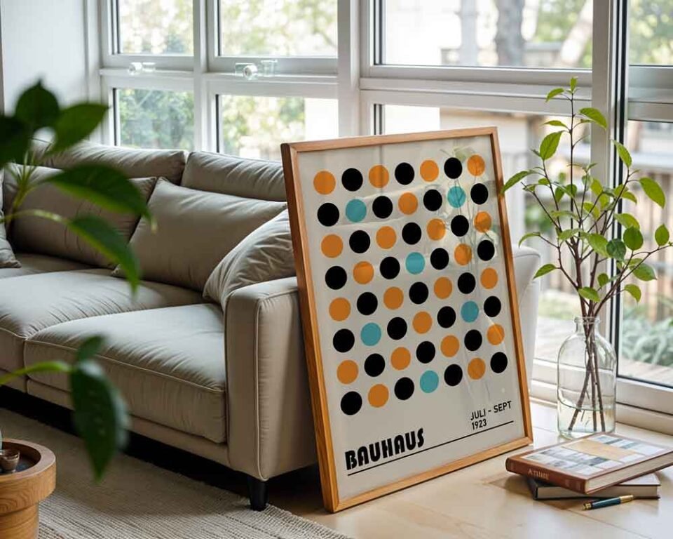 Dot Grid Bauhaus Exhibition 1923 Poster Print | Minimalist Geometric Dot Pattern | Retro Orange & Teal Wall Art for Modern Home Decor
