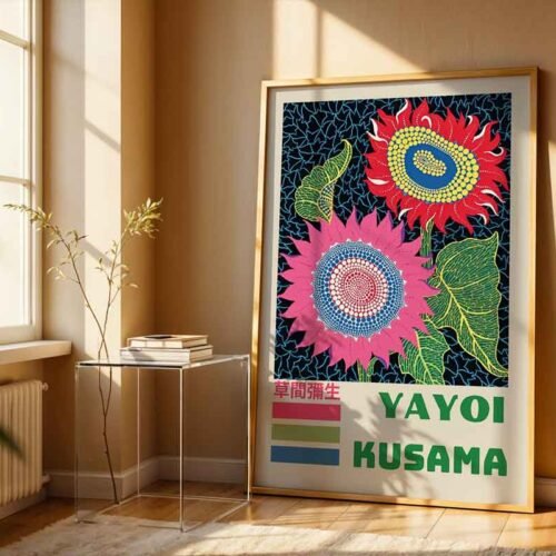 Sunflowers Yayoi Kusama Poster Print | Exhibition Style Wall Art Prints | Colourful Pop Art with Polka Dots | Contemporary Japanese Decor